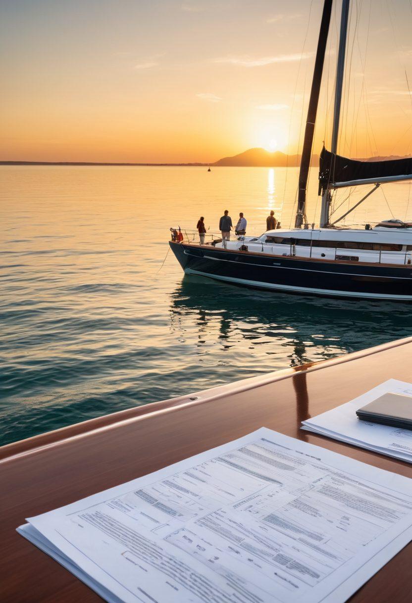 A serene view of a luxurious yacht sailing on calm waters, with the sun setting in the background casting a golden glow. In the foreground, a diverse group of people are discussing insurance options, with documents and a laptop open on a table. Nautical elements like life jackets and an anchor are subtly integrated into the scene. The atmosphere should evoke a sense of trust and adventure, showcasing both the beauty of boating and the importance of insurance. super-realistic. vibrant colors. calm sea backdrop.