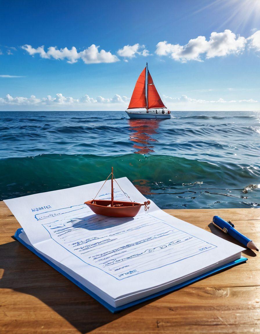 A serene ocean view with a small sailboat gently floating on calm water, surrounded by soft waves and a clear blue sky. Overlaid are icons of financial security, like shields and dollar signs, subtly integrated into the waves. In the foreground, a notepad with a list of marine insurance tips and a pencil rests on the boat. The scene conveys tranquility while highlighting financial protection. super-realistic. vibrant colors. soft focus.