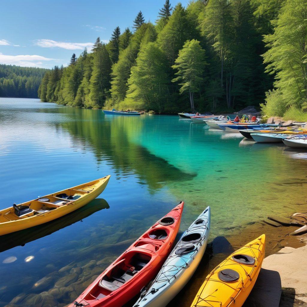 A tranquil lakeside scene showcasing a variety of affordable watercraft like kayaks, canoes, and small fishing boats, all with labeled price tags. In the background, a friendly insurance agent is explaining options to a family looking at the watercraft. The water is crystal clear with a bright blue sky overhead. Emphasize a sense of exploration and affordability. vibrant colors. super-realistic.